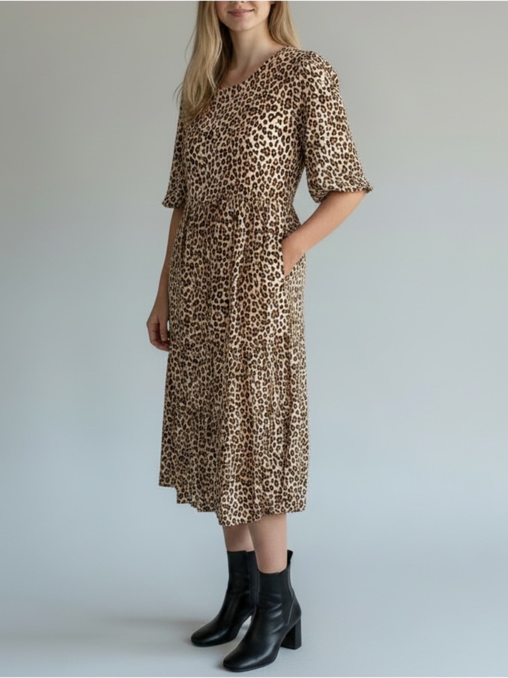 Carly Jean Los Angeles CJLA Rayon LEOPARD Tiered Midi Dress Large L - Picture 7 of 7